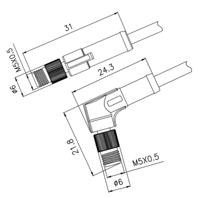 Мужской прямой 90 кабель кабельного соединителя 3 степени M5 отлитый в форму Pin
